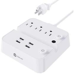Power Strip with USB, iClever USB Charging Station with 3 Outlet 4 USB Ports, 10A 5ft Extension Cord, Dual Switch Control, Overload Protection, Phone Tablet Stand for Home, Office and Hotel - White