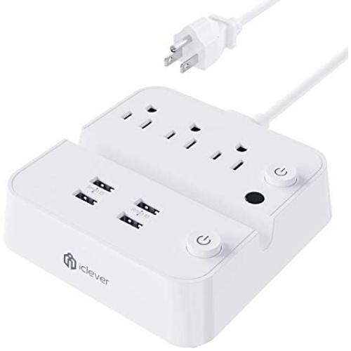 Power Strip with USB, iClever USB Charging Station with 3 Outlet 4 USB Ports, 10A 5ft Extension Cord, Dual Switch Control, Overload Protection, Phone Tablet Stand for Home, Office and Hotel - White