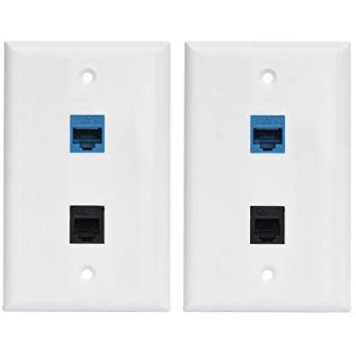 Ethernet Phone Jack Wall Plate - CAT6 and Phone Faceplate Female to Female with 1 6P4C CAT3 RJ11/RJ12 Jack + 1 CAT6 Ethernet Port(2-Pack)