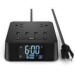 Electronic Alarm Clock Charger Power Strip Surge Protector, 4 USB Ports 2 Outlets 6FT Power Cord Charging Station for Bedside,Home,Hotel,Office (Adjustable Brightness, ON/Off Switch,DST Time)
