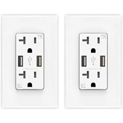 ELEGRP USB Charger Wall Outlet, Dual High Speed 4.0 Amp USB Ports with Smart Chip, 20 Amp Duplex Tamper Resistant Receptacle Plug, Wall Plate Included, UL Listed (2 Pack, Glossy White)