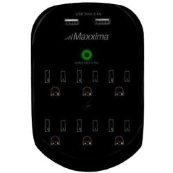 Maxxima 6 Outlet Dual USB Adaptor Plug Grounded 2.4A Port 490 Joules Surge Protector, USB Charger, Black