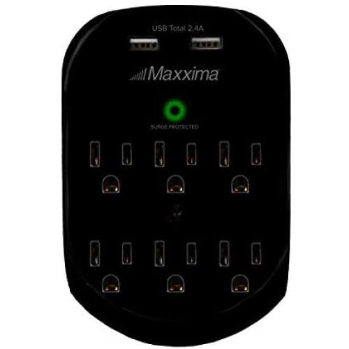 Maxxima 6 Outlet Dual USB Adaptor Plug Grounded 2.4A Port 490 Joules Surge Protector, USB Charger, Black