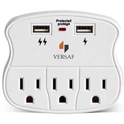 VERSAF Wall Outlet Adapter Surge Protector -2 USB Wall Charger Ports, 3 Plug Outlet Expanders,Slide Out Device Cradle,Protection Indicator Light,Compatible with Rechargeable Electronics,ETL Certified