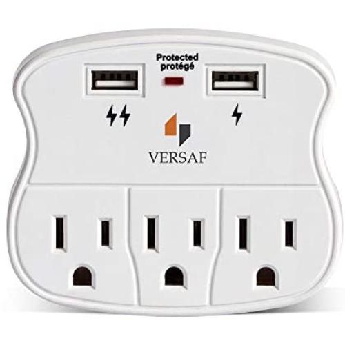 VERSAF Wall Outlet Adapter Surge Protector -2 USB Wall Charger Ports, 3 Plug Outlet Expanders,Slide Out Device Cradle,Protection Indicator Light,Compatible with Rechargeable Electronics,ETL Certified