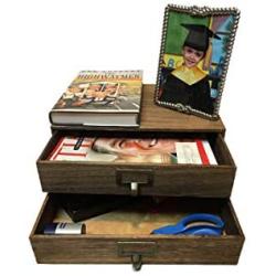 Wallniture Home Office Desk Organizer - Wooden 2 Drawer Under Monitor Stand - Printer Platform - Paper Holder Walnut