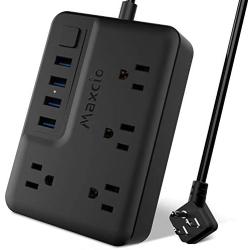 Power Strip with 4 USB Ports 4 Outlets, Maxcio Desktop Charging Station with Angled Flat Plug & 10A 5 ft Extension Cord Multi Outlets Extender Plug for Cruise Ship, Dorm Room, Home & Office, Black