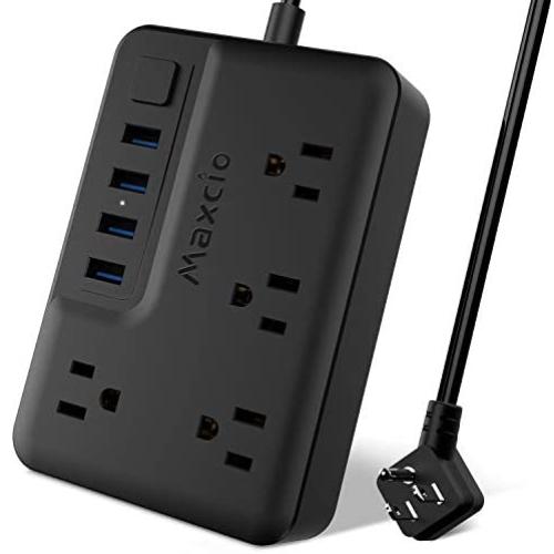 Power Strip with 4 USB Ports 4 Outlets, Maxcio Desktop Charging Station with Angled Flat Plug & 10A 5 ft Extension Cord Multi Outlets Extender Plug for Cruise Ship, Dorm Room, Home & Office, Black