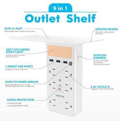[2-Pack]VINTAR Surge Protector With Outlet Shelf, Multi Outlet Extender with Dusk to Dawn Sensor, 6 Outlets and 3 USB Ports,Wall Mount with Top Phone Holder for Home, White,ETL Certified.