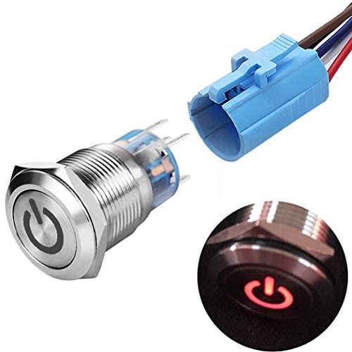 Quentacy 19mm 3/4'' Latching Pushbutton Switch LED 12V DC 5A 250V AC Power Symbol ON-Off Waterproof Toggle Switch Stainless Steel Shell with Wire Connector Plug(Red Light)