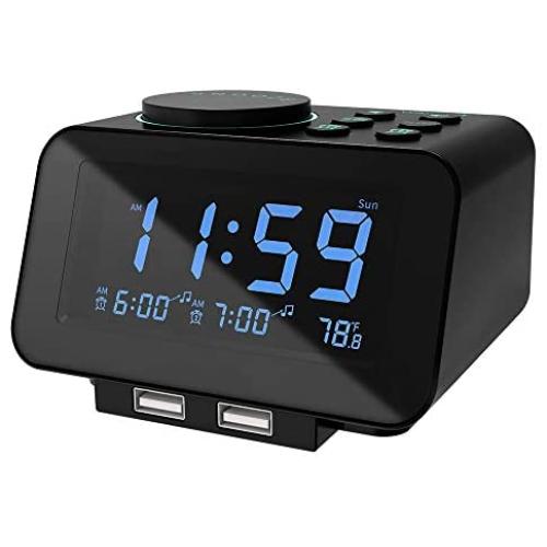 USCCE Digital Alarm Clock Radio - 0-100% Dimmer, Dual Alarm with Weekday/Weekend Mode, 6 Sounds Adjustable Volume, FM Radio w/Sleep Timer, Snooze, 2 USB Charging Ports, Thermometer, Battery Backup