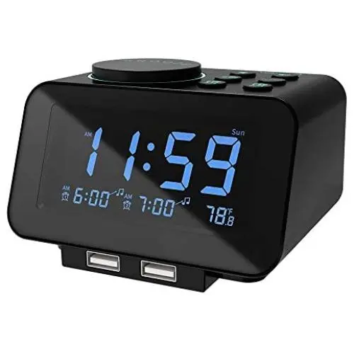USCCE Digital Alarm Clock Radio - 0-100% Dimmer, Dual Alarm with Weekday/Weekend Mode, 6 Sounds Adjustable Volume, FM Radio w/Sleep Timer, Snooze, 2 USB Charging Ports, Thermometer, Battery Backup