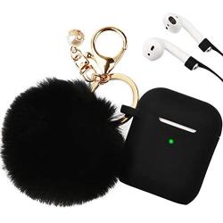 Filoto Case for Airpods, Airpod Case Cover for Apple Airpods 2&1 Charging Case, Cute Air Pods Silicone Protective Accessories Cases/Keychain/Pompom/Strap, Best Gift for Girls and Women, Black