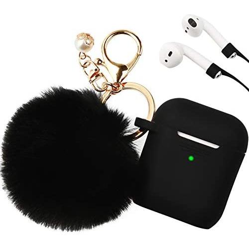 Filoto Case for Airpods, Airpod Case Cover for Apple Airpods 2&1 Charging Case, Cute Air Pods Silicone Protective Accessories Cases/Keychain/Pompom/Strap, Best Gift for Girls and Women, Black