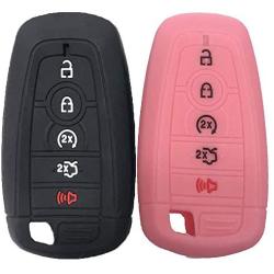 Key Fob SiliconeCover Glossy Protective Case Fits for Ford F150 Edge Mustang Fusion Ecosport Explorer Expedition 3/4/5 Button Smart Key case cover(Black+Pink)
