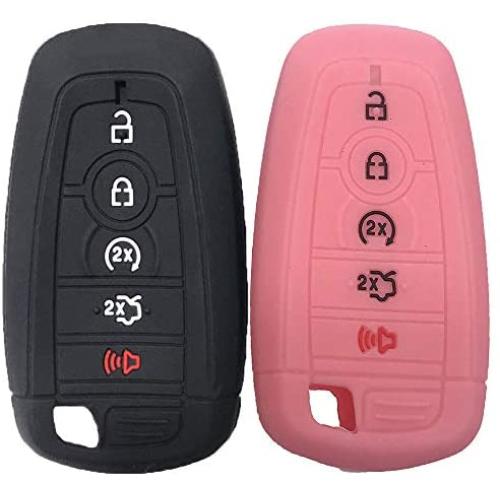 Key Fob SiliconeCover Glossy Protective Case Fits for Ford F150 Edge Mustang Fusion Ecosport Explorer Expedition 3/4/5 Button Smart Key case cover(Black+Pink)