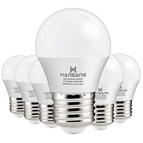 Hansang A15 LED Bulb Light 6 Watt (60w Equivalent),E26 Standard Base,5000K Daylight,600 Lumens,Frosted G45/A15 Bulb Shape,CRI>83,Ceiling Fan Light Bulb,Home Appliance Bulb,No Dimmable (6 Pack)