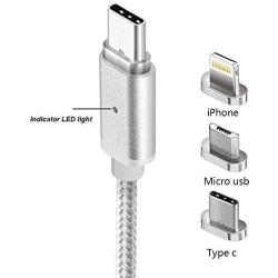 2 Pack CoolKo Strongest Magnet 2.1 A, 5 Feet (1.5M) Silver Magnetic Braided Fastest Cable Compatible for All i-Product, Type C and Micro USB Android Smart Phones and Tablets