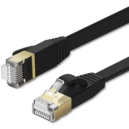 TNP Cat7 Shielded Ethernet Flat Patch Network Cable 100 ft - 10Gbps 600Mhz High Performance with Snagless RJ45 Connectors Gold Plated Plug S/STP Wires Networking Cable Wiring Black
