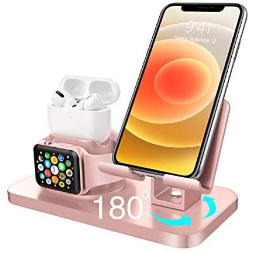 BENTOBEN 3 in 1 Charging Stand for Apple Watch Series 5/4/3/2/1, Airpods Pro 2019 2/1, Compatible with iPhone 12 11 XS MAX XR XS 8 7 6 6S Plus 5S, iPad Tablet Stand(Original Cable Required), Rose Gold