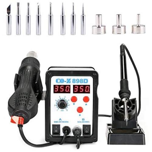 CO-Z 2 in 1 SMD Soldering Iron & Hot Air Rework Station with LED Display, 898D Soldering Kit with Heat Gun, Digital Electronic Repair Tool with 11pcs Soldering Tips
