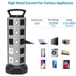 SUPERDANNY Power Strip Tower SDD005 - 5 Surge Protector 18 Outlet Plugs with 4.2A 4-USB Slot Electric Fast Charging Station 3000W 13A 16AWG 6.5ft Heavy Duty Cord Wire Extension for Home Office