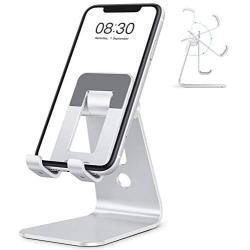 OMOTON C3 Cell Phone Stand for Desk, Larger and Exceptionally Stable, Adjustable Phone Cradle Holder with Bigger Body & Longer Arm, Compatible with iPhone, Tablets (7-10'') and More, Silver