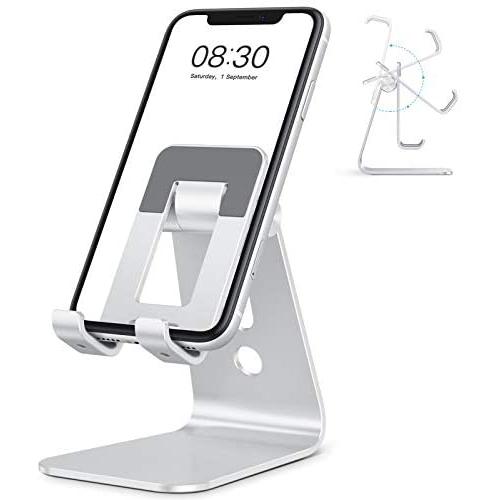 OMOTON C3 Cell Phone Stand for Desk, Larger and Exceptionally Stable, Adjustable Phone Cradle Holder with Bigger Body & Longer Arm, Compatible with iPhone, Tablets (7-10'') and More, Silver