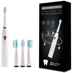 Rechargeable Electric Sonic Toothbrush for Adults with 5 Modes 2 Mins Timer and 4 Toothheads (White)