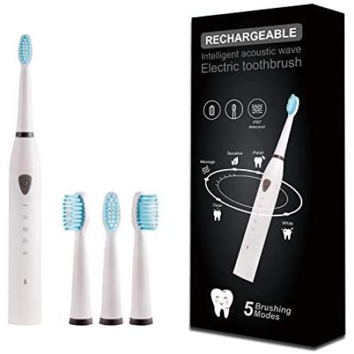 Rechargeable Electric Sonic Toothbrush for Adults with 5 Modes 2 Mins Timer and 4 Toothheads (White)