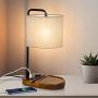 ZEEFO Bedside Table Lamp, USB & Type C Charging Ports & 3-Prong AC Outlet Desk Lamp, Retro Walnut Solid Wood Base Light Luxury Nightstand Lamps with Grey Lampshade Ideal for Bedroom,Living Room,Office