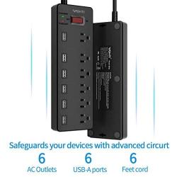 Power Strip,Wohtr Surge Protector with 6 AC Outlets & 6 USB Charging Ports,1875W/15A,6 Feet Flat Plug Extension Cord for Multiple Devices Smartphone Tablets Home Office, Hotel- Black…