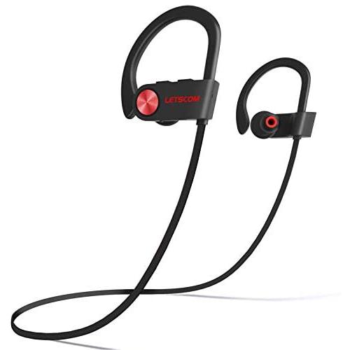 LETSCOM Bluetooth Headphones V5.0 IPX7 Waterproof, Wireless Sport Earphones, HiFi Bass Stereo Sweatproof Earbuds W/Mic, Noise Cancelling Headset for Workout, Running, Gym, 8 Hours Play time