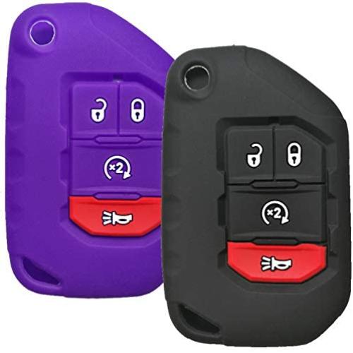 Qty(2) Alegender Black Purple Slilicone 4-Buttons Flip Key Fob Cover Case Holder Remote Bag Protector Fit for 2018 2019 2020 Wrangler JL Gladiator JT 68292944AA