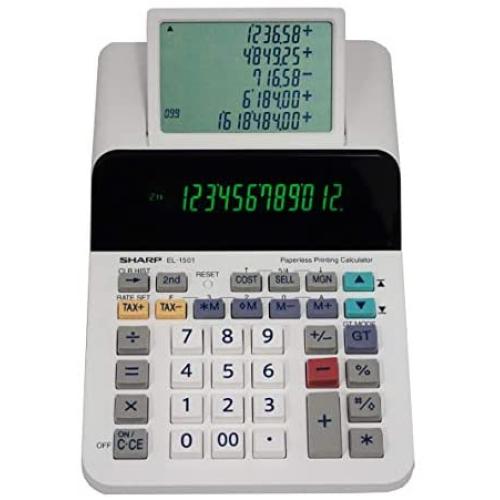 Sharp El-1501 Compact Cordless Paperless Large 12-Digit Display Desktop Printing Calculator That Utilizes Printing Calculator Logic