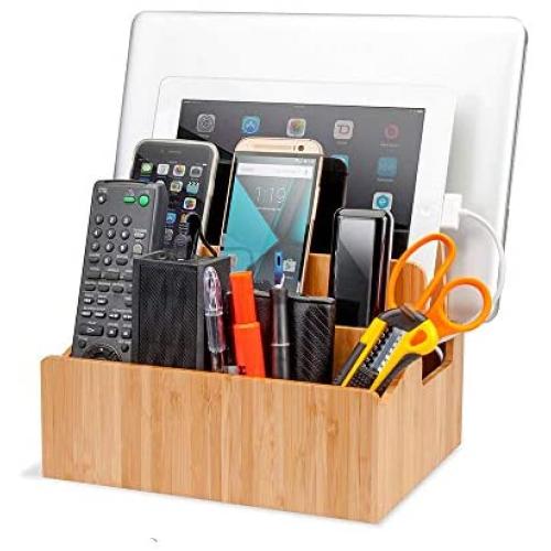 Bamboo Charging Station Organizer with Extension Extra Storage for Smartphones, Tablets, iPhone iPad, Samsung Devices Macbooks Laptops remotes & More