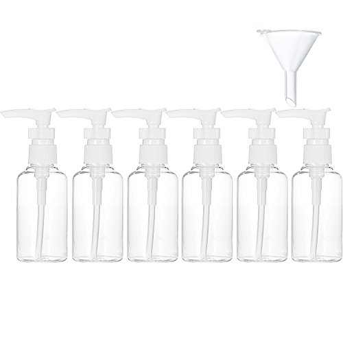 6 Pack Transparent Travel Bottles Pump Bottle Lotion Dispenser Bottle Set with Small Funnel for Flight, Airport, Holiday (White, 50 ml)