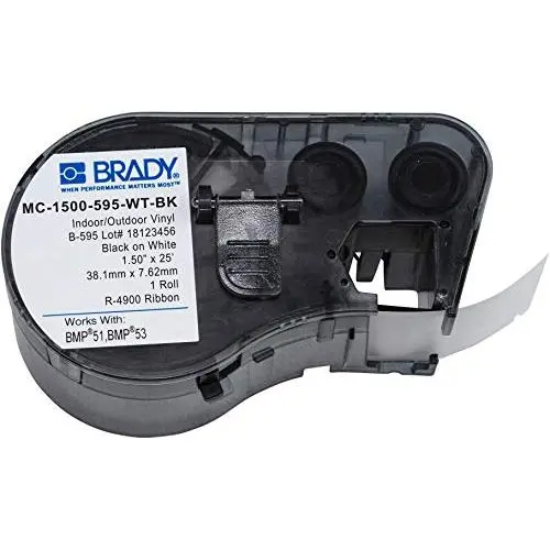 Brady Official (MC-1500-595-WT-BK) High Adhesion Vinyl Label Tape, Black on White - Designed for BMP51 and BMP53 Label Printers - 25 Length, 1.5'' Width Brady Official (MC-1500-595-WT-BK) High Adhesion Vinyl Label Tape, Black on White - Designed for BMP51 and BMP53 Label Printers - 25 Length, 1.5'' Width