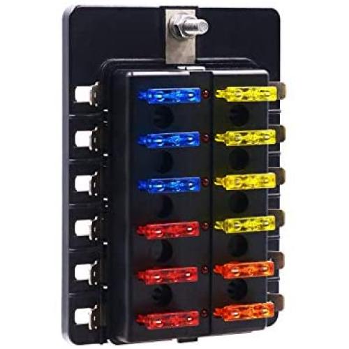 BlueFire 12 Way 30A 32V Blade Fuse Box Board with 24PCS Fuse + LED Warning Light for Car/Marine Boats/Automotive/Trike