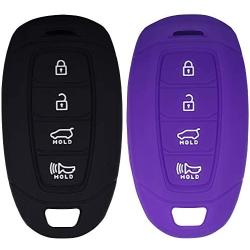 Lcyam Key Fob Cover Silicone Case Remote Holder Fits for 2019 2020 Hyundai Kona Santa Fe Veloster Sonata Keyless Smart Key 4 Button (Black Purple)