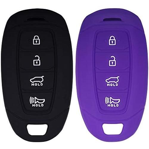 Lcyam Key Fob Cover Silicone Case Remote Holder Fits for 2019 2020 Hyundai Kona Santa Fe Veloster Sonata Keyless Smart Key 4 Button (Black Purple)