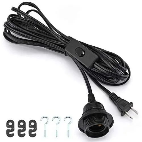 ACBungji 20ft Hanging Pendant Light Cord Kit with On/Off Switch Plug in,1 Pack Extension Wire with E26 E27 Lamp Socket,Shade Ring Holder for Lighting Cage,Black