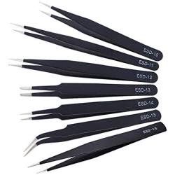 Precision Tweezer Set, 6 PCS Tweezers Kit with ESD Anti-static Stainless Steel, Curved Tweezers Set for Electronics, Craft, Jewellery, Laboratory Work and Ingrown Hair