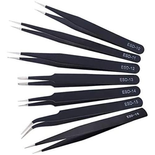 Precision Tweezer Set, 6 PCS Tweezers Kit with ESD Anti-static Stainless Steel, Curved Tweezers Set for Electronics, Craft, Jewellery, Laboratory Work and Ingrown Hair