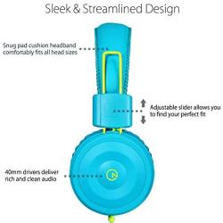 Kids Headphones-Noot Products K22 Foldable Stereo Tangle-Free 5ft Long cord 3.5mm Jack Plug in Wired On-Ear Headset for iPad/Amazon Kindle,Fire/Boys/Girls/Laptop/School/Travel/Plane/Tablet (Teal/Lime)
