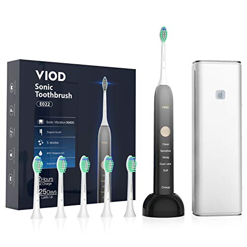 VIOD Electric Sonic Toothbrushes with 40,000 VPM, Electronic Toothbrushes with 6 Replacement Soft Heads & Portable Travel Case, 5 Modes, Rechargeable Whitening Power Sonic Toothbrush