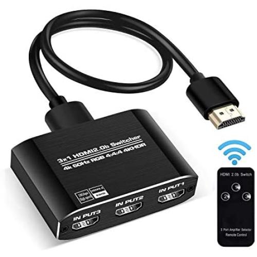 NEWCARE HDMI 2.0b Switch 3 in 1 Out,3x1 HDMI Selector Switch with Remote,Support UHD 4K@60Hz Ultra HD 3D 1080P,HDCP 2.2 HDR,18.5Gbps HDMI Switcher Come with High Speed HDMI Cable (Black)