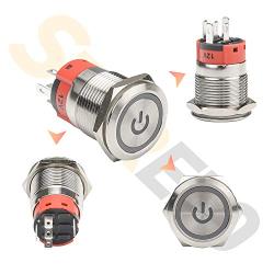 STARELO 19MM 3/4'' Latching Push Button Switch 5A 12V 1NO1NC SPDT ON/Off Waterproof Stainless Steel Shell with Power Symbol Ring LED with Wire Socket Plug(Red)