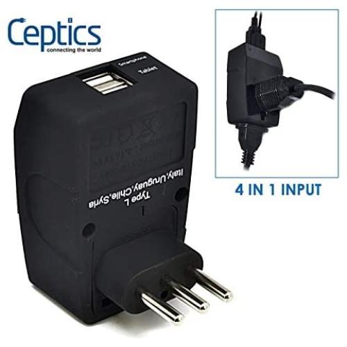 Italy Travel Plug Adapter by Ceptics, 4 In 1 Power Plug (Type L) - Universal Socket - Dual USB - Perfect to Charge Your Electronics While Traveling to Venice, Chile, Uruguay - AC Outlet - Usa to Italy