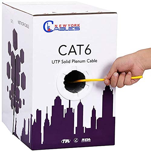 CAT6 Plenum Cable 1000ft (CMP) | Easy to Pull Fluke Tested Plenum Rated Wire | 23AWG Solid 550MHz, 4Pair 10Gigabit UTP Internet Cable, Available in Multi Colors (Yellow)